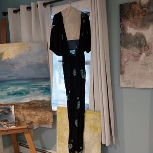 Ref USA Made Black Full length paisley Gown open back With Fron thigh high Slit